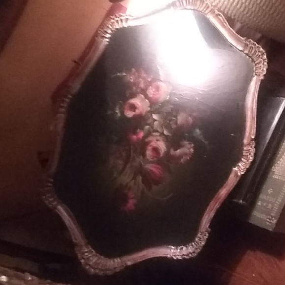 Italian Tole Papier Mache Wood Tray w Floral Spray - Picture 3 of 8